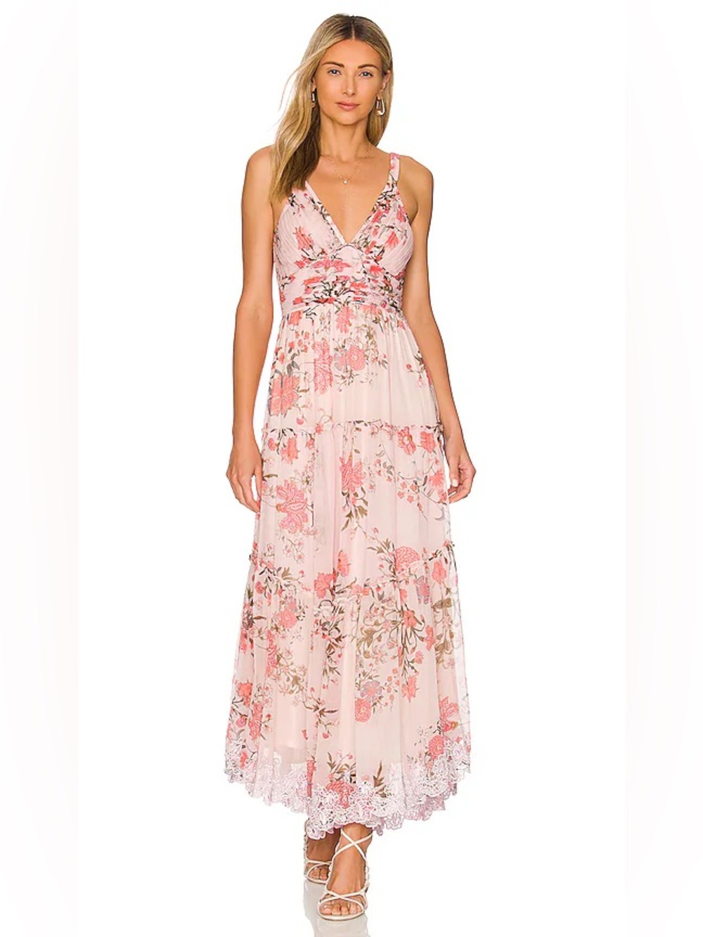 Hemant & Nandita Peach & Pink Tiered Floral Midi Dress